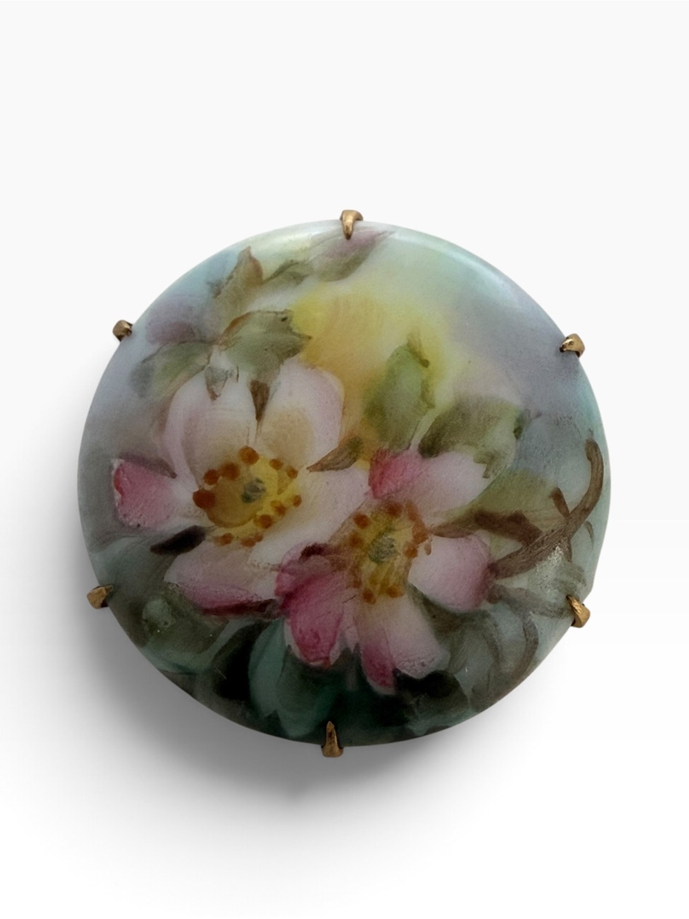 Limoge Hand-Painted Floral Round Brooch pin vintage c clasp